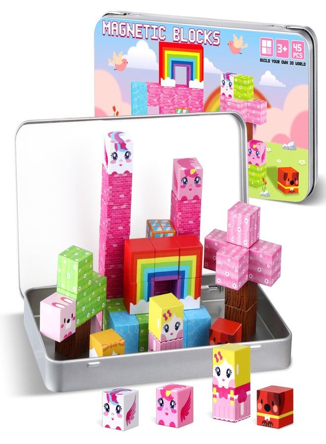 QOUBAI 45PCS Mini Magnetic Building Blocks Travel Toys, Magnet Cubes Tiles Set with Case, Birthday Classroom Learning Gifts for Kids Toddlers, Boys & Girls Ages 3-8 (Unicorn Rainbow) - Image 1